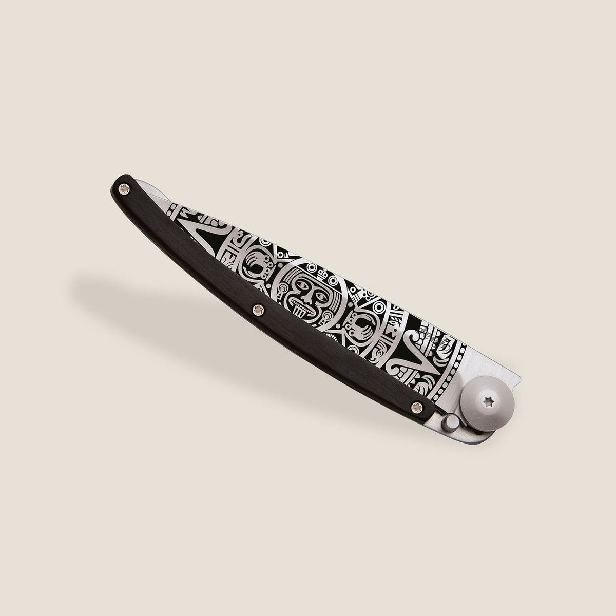 Deejo Wood 37g Knife Ebony Handle - Aztec Sun