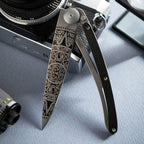 Deejo Wood 37g Knife Ebony Handle - Aztec Sun