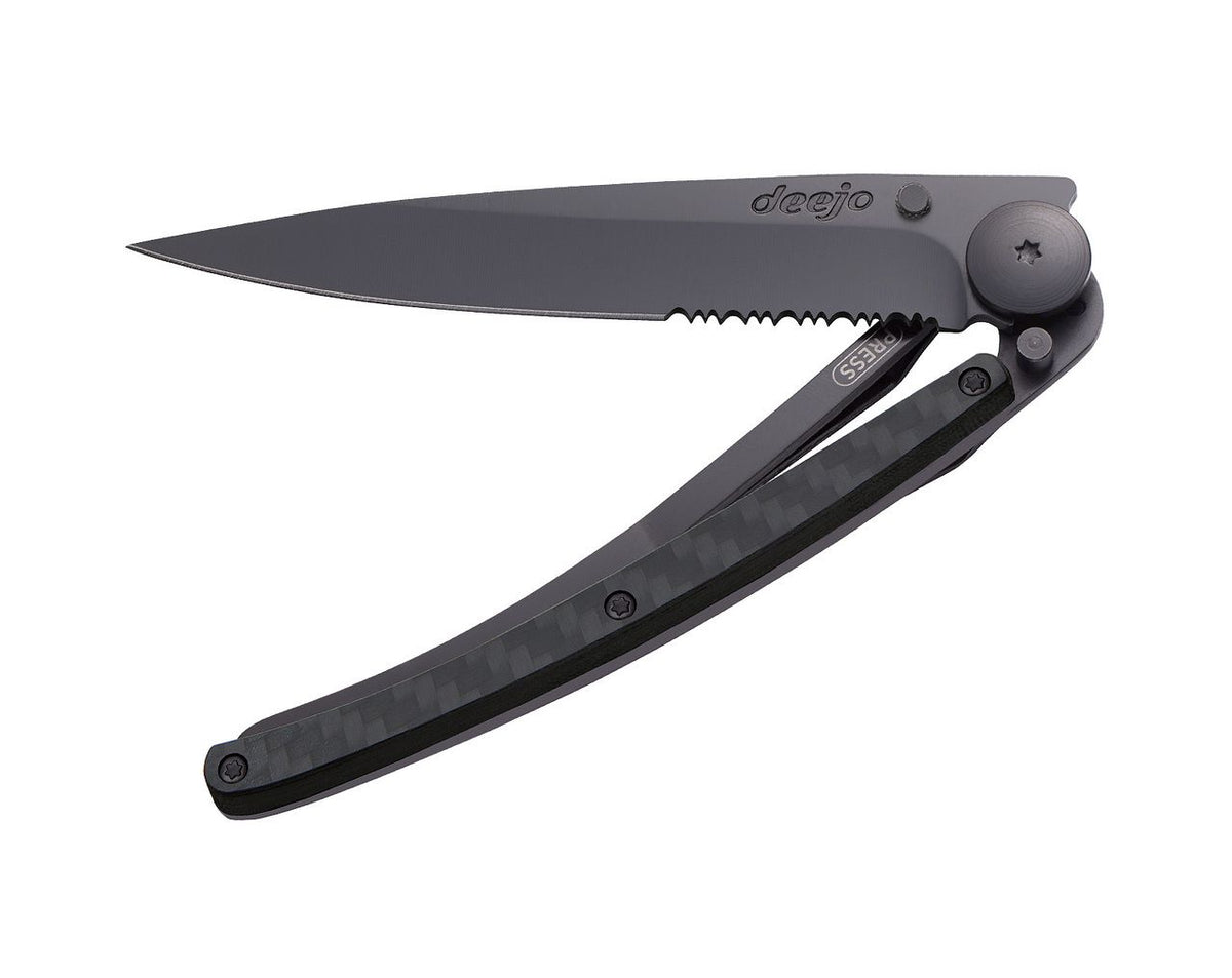 Deejo Serrated Black 37g Knife with Carbon Fibre Handle