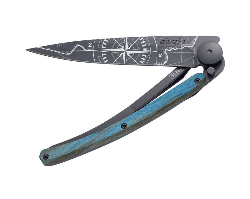 Deejo Black 37g Knife with Blue Beech Wood Handle, Terra Incognita