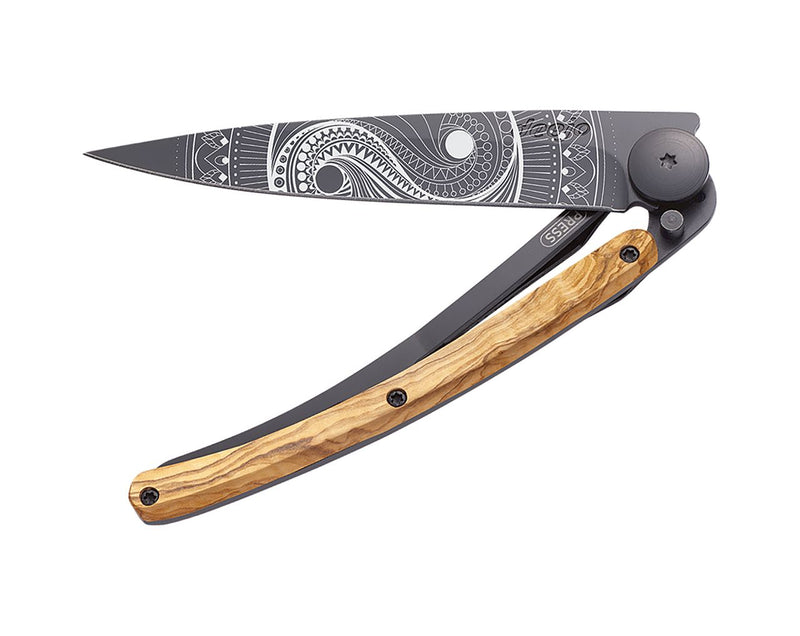 Deejo Black 37g Knife with Olive Wood Handle, Yin & Yan