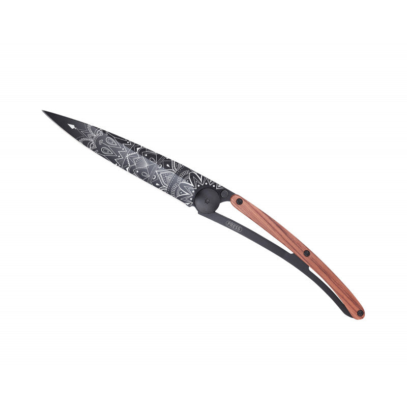 Deejo Black 37g Knife with Coral Handle, Mandala