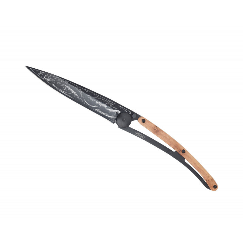 Deejo Black 37g Knife with Juniper Handle, Wave